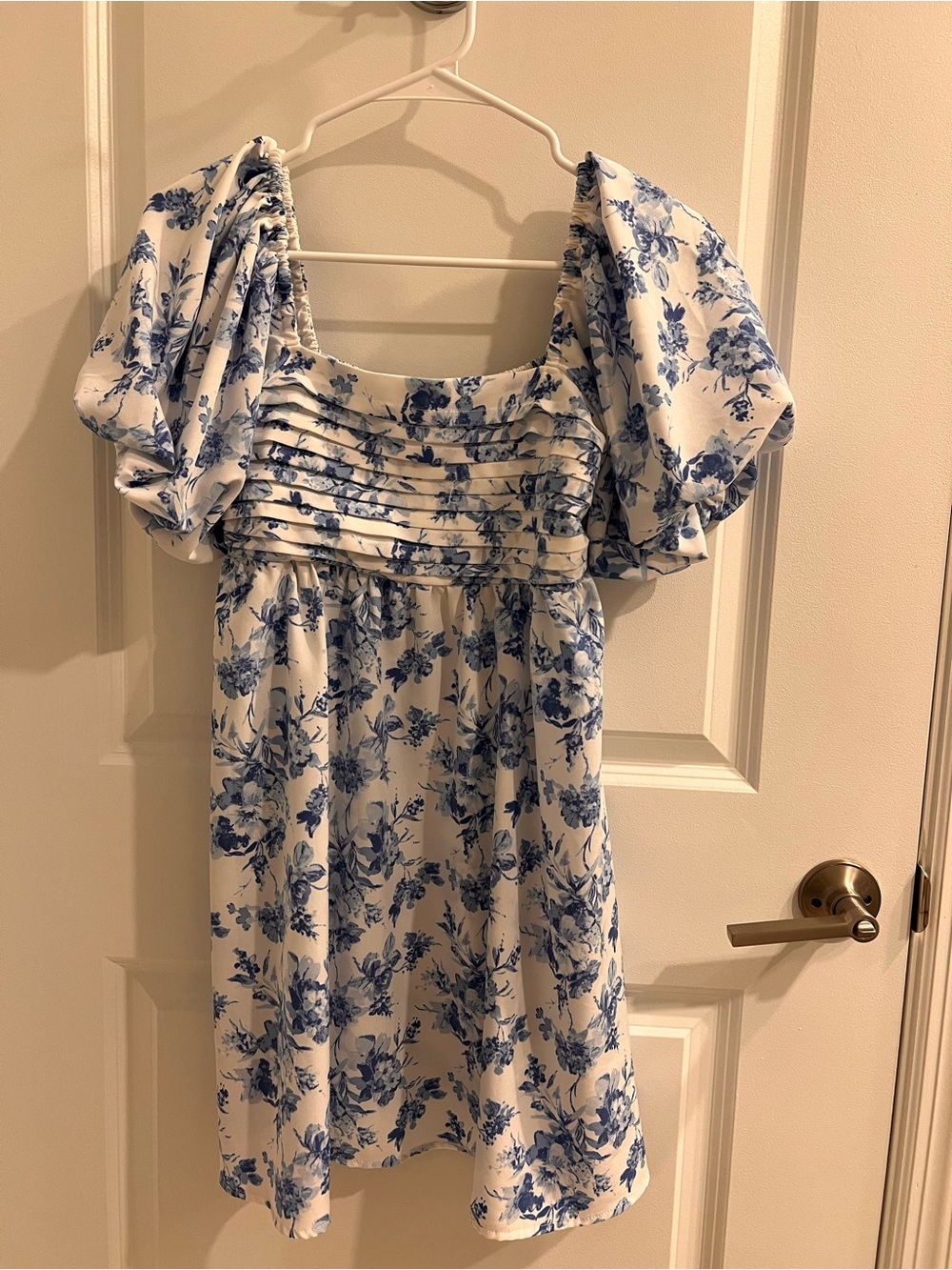 White and Blue Floral Puff Sleeve Dress